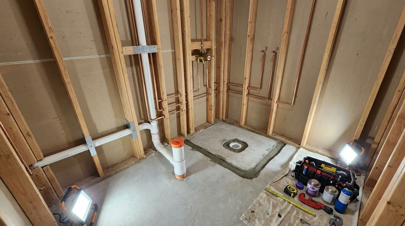 Bathroom rough-in plumbing during remodel by Johns Plumbing LLC in Spring Creek